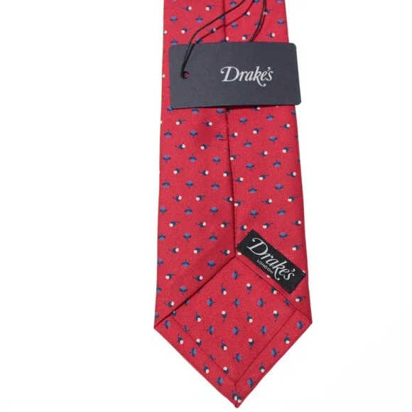 Drake's NWT Neck Tie in Red with Blue / White Mini Floral Pattern 100% Silk
